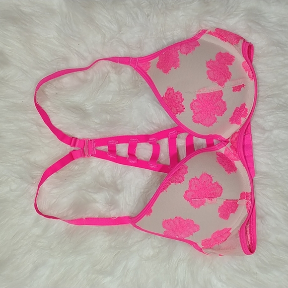 VS PINK lightly lined neon pink & nude floral racer back bra 32B - Picture 1 of 5